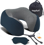 napfun Neck Pillow for Traveling, Upgraded Travel Neck Pillow for Airplane 100% Pure Memory Foam Travel Pillow for Flight Headrest Sleep, Portable Plane Accessories, Deep Blue Set, Medium (120-200LB)