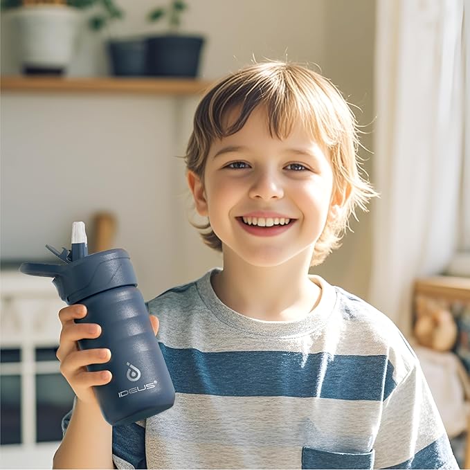 IDEUS Insulated Water Bottle 12oz, Stainless Steel Insulated Water Bottle For School, Insulated Bottles With Straws Leakproof, Vacuum Double Wall Water Bottles For Boys And Girls With 2 Lids, BPA Free