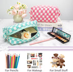 PAZIMIIK Checkered Makeup Bag for Purse Portable Zipper Make Up Pouch Small Cosmetic Case for Travel Accessories (2PCS Arctic Blue)
