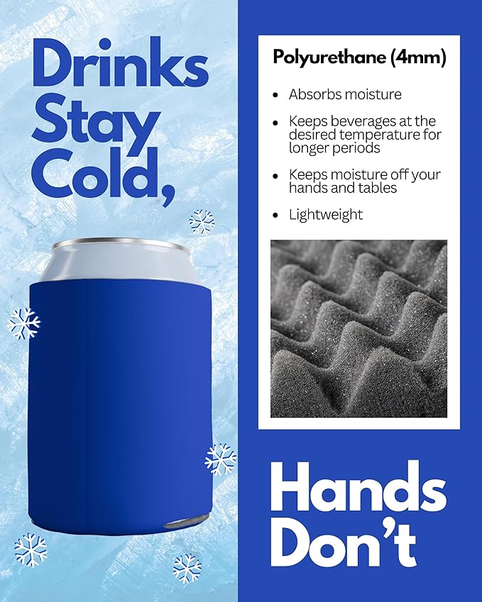 PartyPrints 100 Pack Royal Blue Blank Can Cooler Sleeves, Customizable Bulk Insulated Foam for Beer, Collapsible Plain Drink Holder, Cold Soda Insulator, 12oz Regular, 16oz Tall Cans