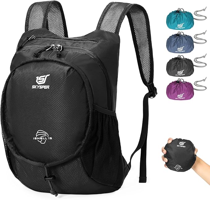 SKYSPER 15L Lightweight Small Hiking Backpack for Women Men, Foldable Travel Daypack, Packable Camping Backpack, Mini Outdoor Hiking Bag (Black)