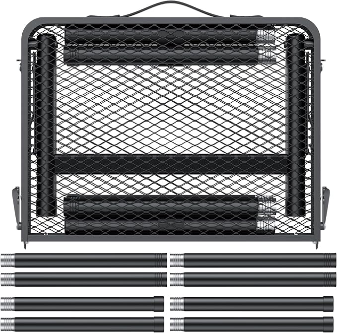 JiGiU Folding Grill Table with Mesh Desktop Lightweight & Portable Camping Table Outdoor Grill Tables Aluminum Alloy Foldable Grill Table 3 Height Adjustable for Camping Picnic Cooking BBQ