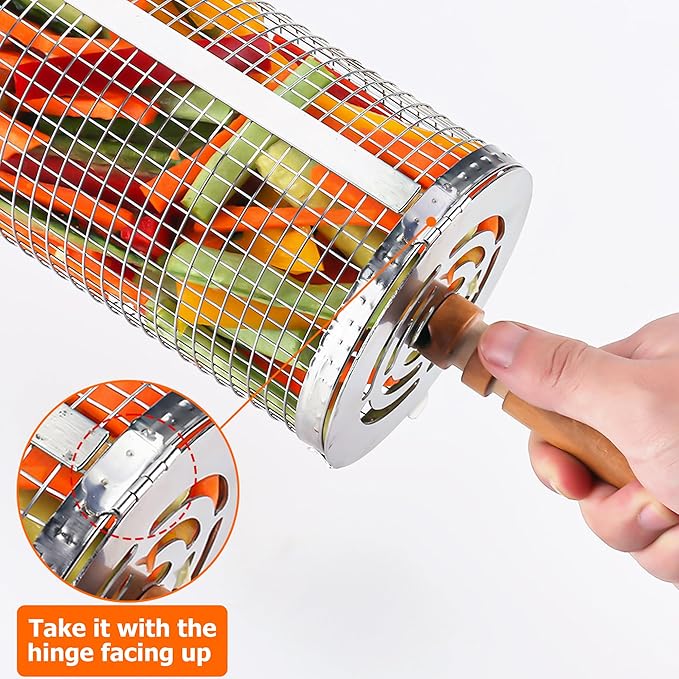 Rolling Grilling Baskets for Outdoor Grill Bbq Net Tube Stainless Steel Large Round Mesh Barbecue Accessories Must Have Cylinder Cage Picnic Gear Cooking Camping Basket for Veggies Vegetable Fish