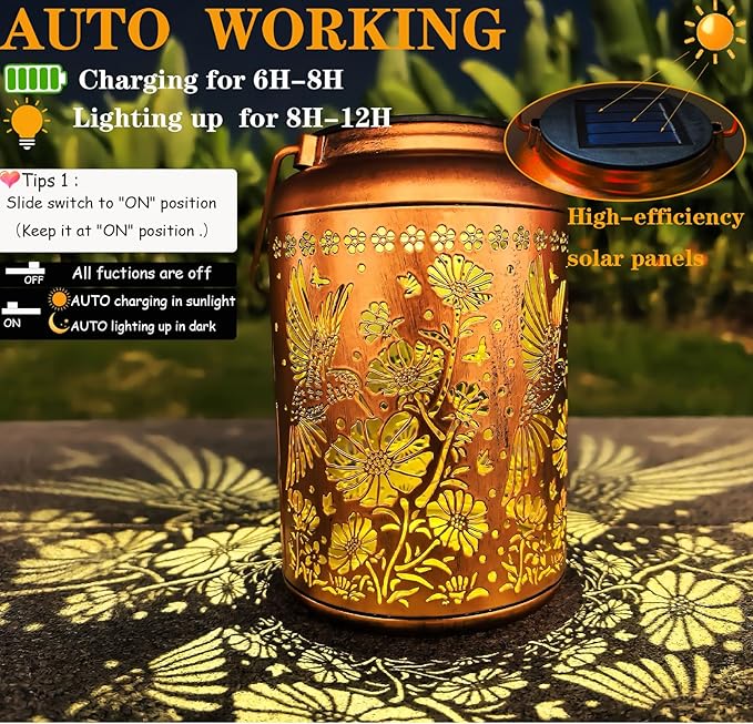 Solar Lights Outdoor Waterproof,Hummingbird Hanging Lantern,Metal Garden Lights,Patio Yard Decor,Housewarming,Decorative Birthday Gifts for Women,Mom,Grandma,1PC