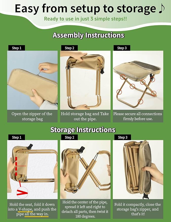 COMELY Camping Stool Folding Chair: All-Terrain Pocket Stool, 4 Anti-Sink Feet Stability, 270Lbs Capacity & 3s Setup, 600D Oxford Durable Seat. 5000 Cycle Tested for Rugged Sites Experienced Campers.