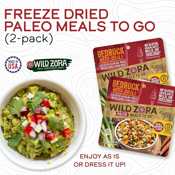 Wild Zora Paleo Freeze Dried Meals for Backpacking & Camping - Healthy Gluten Free & Grain Free Camping Meals/Backpacking Food + No Added Sugar - Great for Travel (Bedrock Beef Chili 2-pack)