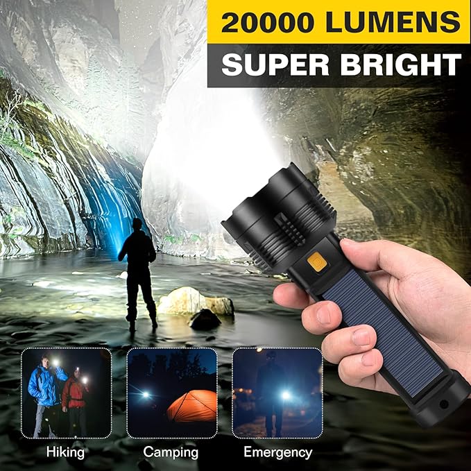 2 Pack LED Rechargeable Flashlight - 20000 Lumens Super Bright Tactical Flash Light, Compact & Waterproof, Long-Lasting Battery, Solar Flashlights for Home, Camping,Hiking, Emergencies, Adventures