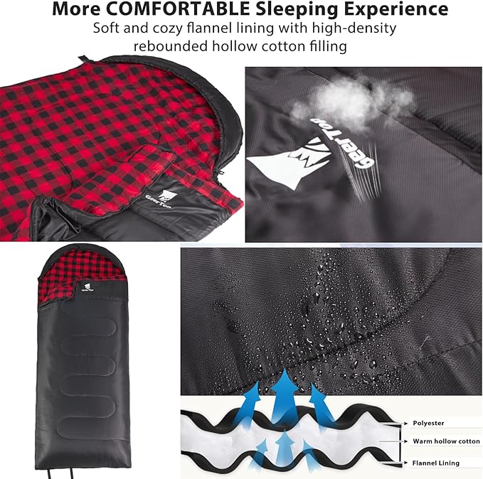 GEERTOP Flannel Sleeping Bags for Adults Big & Tall People Portable Cold Weather Envelope XXL All Seasons Camping Sleeping Bag