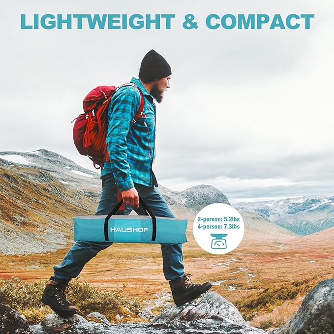 HAUSHOF 2/4-Person Family Dome Tent with Removable Rain-Fly, Easy Set Up Portable Camping Tent for Backpacking Hiking Backyard Outdoor, Green/Blue/2-person/4-person