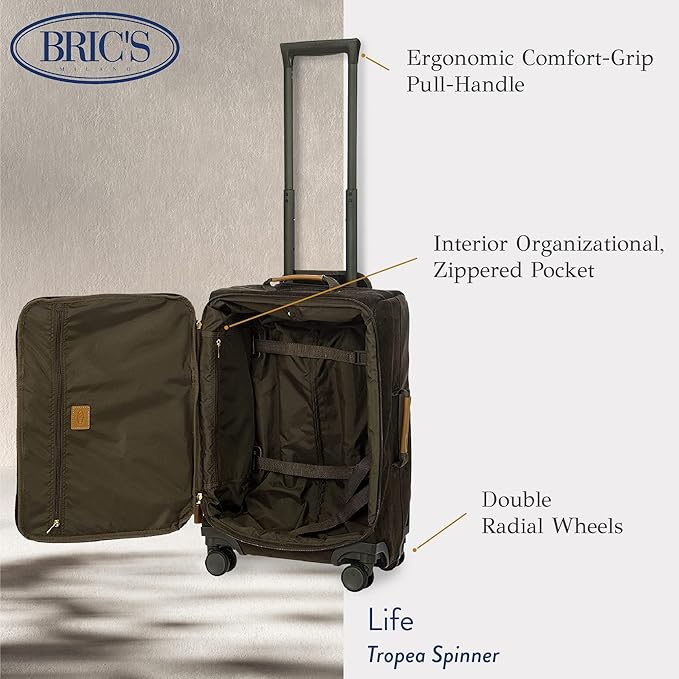 Bric's LIFE TROPEA 21-Inch Carry On Spinner - Luxury Luggage With Spinner Wheels - Away Luggage and Lightweight Carry on Suitcases with Wheels - Faux Suede - Olive