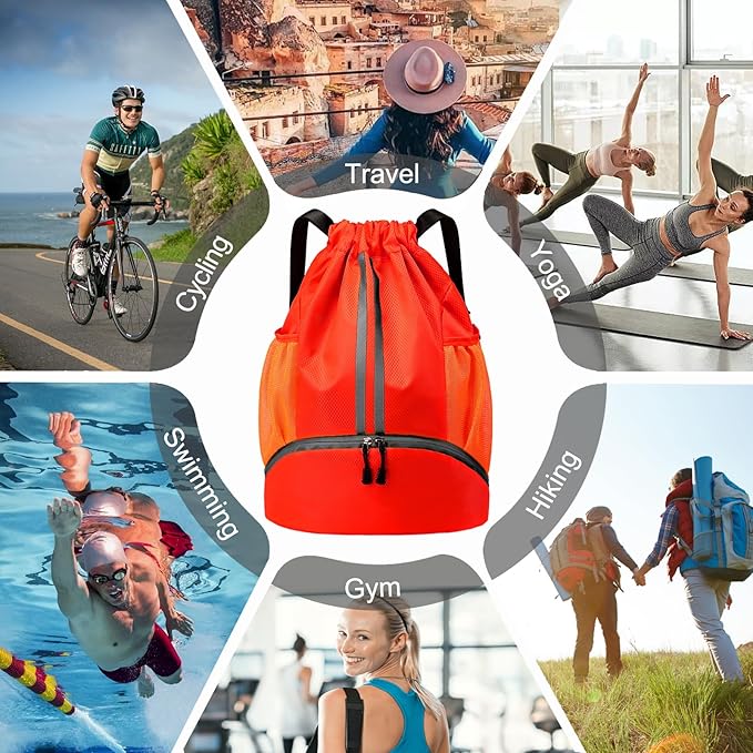 Hoedia Sports Drawstring Backpack - String Swim Gym Bag with Shoes Compartment and Wet Proof Pocket for Women&Men (Red)