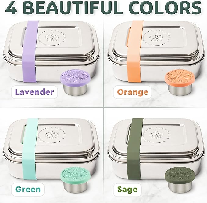 Everusely - Bento Box - Sage, 60oz / 1.8 L - Extra Large Stainless Steel Lunch Box + Leakproof Condiment Container - 3 Compartment Snack Organizer for On the Go Meals - Freezer & Dishwasher Safe