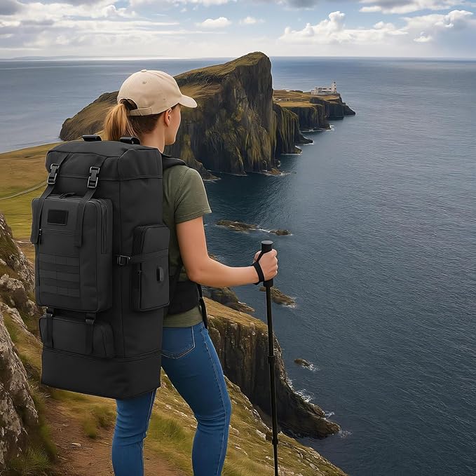 100L Hiking Backpack Tactical Military Molle Rucksack with USB Charging Port - Large Capacity Men Women Camping Gear for Backpacking, Trekking, Climbing, Outdoor Travel (Black)