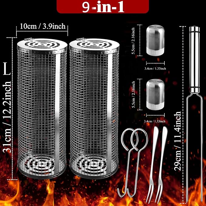 Rolling Grilling Baskets for Outdoor Grill Bbq Net Tube Must Have Large Round Mesh Barbecue Cylinder Cage Gadgets Cooking Accessories Essentials for Picnic Vegetable Fish Meat Veggies, Gift for Men