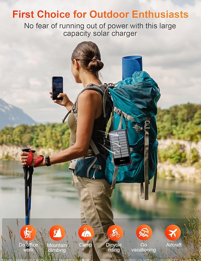 Solar Charger Power Bank, PD 20W Fast Charging External Batter, 40000mAh Portable Phone Charger Built in 4 Cables with Dual Bright Flashlights for Camping, Hiking, and Outdoor Use（RED）