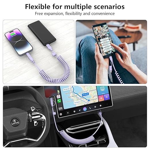 Coiled 4-in-1 USBA/Type C to USB-C/Lightning Cable Multi Combo for Apple Carplay& Android Auto,Purple 3A 60W Fast Charge & Data Sync Car Charger Cord for iPhone 15/14/13/12，Samsung Galaxy,Android-MFi