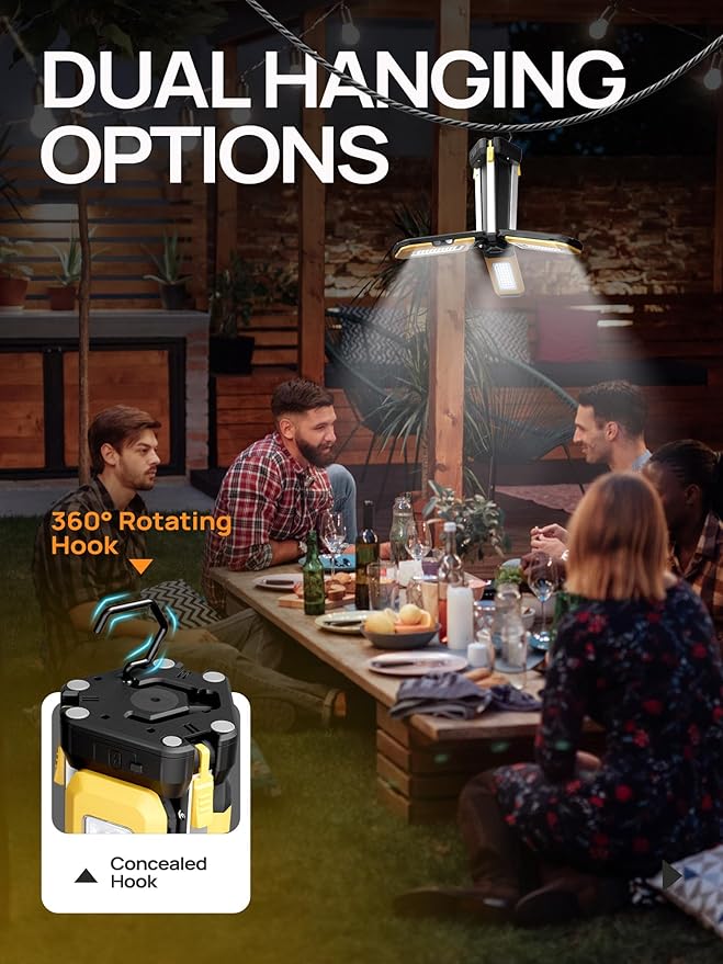 10000mAh Rechargeable Camping Light with Stand 5.6 ft Max Height, Individual Lamp Bracket, with 2 Detachable Lamp Panels, Cordless Led Work Light, Camping Garage Workshop Car Repair