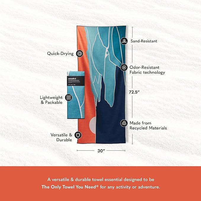 Nomadix Original Towel - Perfect for Beach, Pool, Travel, Camping, Yoga - Made with Recycled Materials - Super Absorbent - Sand Resistant - Big Sur - 72.5x30