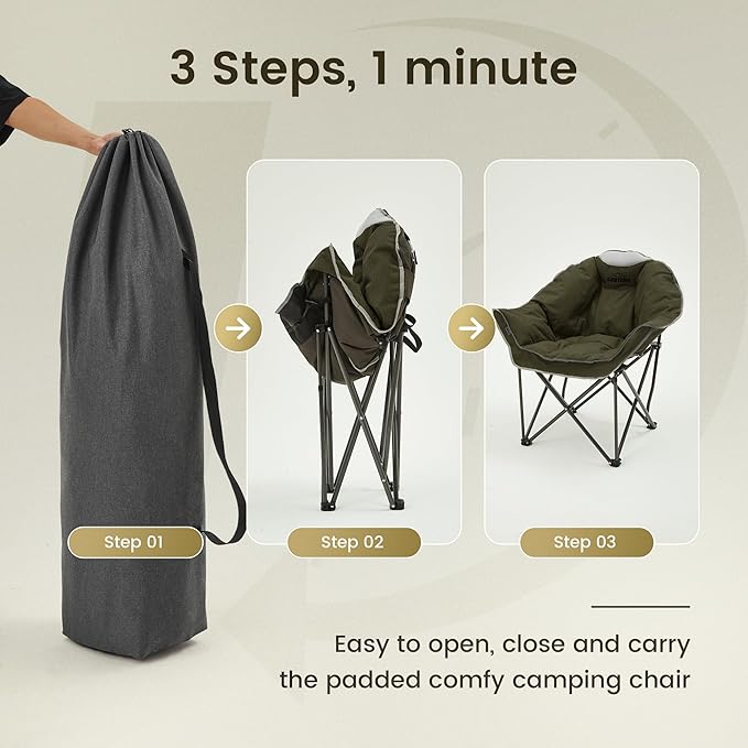 Oversized Padded Comfy Camping Chair for Adults, Portable Padded Lawn Chair, Weight Capacity 400 LBS, Heavy Duty Moon Leisure Folding Chair for Camping, Hiking, Carry Bag, Army Green (2 Pack)