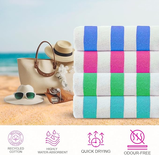Casa Copenhagen Cabana Towel 4Pcs Green,Teal,Blue,Pink Designer Stripe Beach Towels Gift Set, 30"x60" Oversized 100%Cotton Pool Bath Towel for Beach Gift Set (Perfect Summer Gift Set For Women & Men)