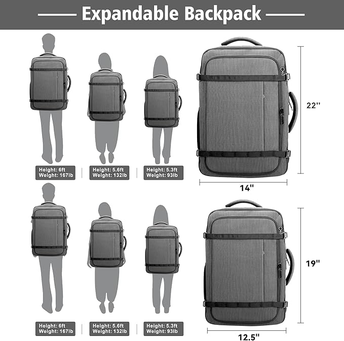 Comfort Travel Backpack,Expandable Carry on Backpack 1-5 Days with LifetimeWarranty,Fits 17.3" Laptop Notebook,Water Resistant Weekender Backpack Flight Approved for Men Hiking,College Travel,Grey