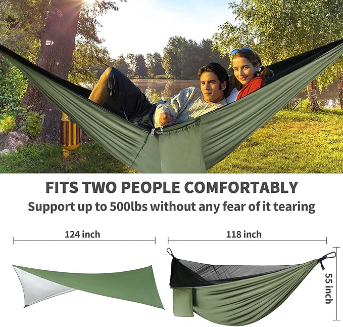 Camping Hammock - Hammocks with Mosquito Net Tent and Rain Fly Tarp, Portable Single & Double Nylon Parachute Hammock with Heavy Duty Tree Strap, Indoor Outdoor Backpacking Survival Travel