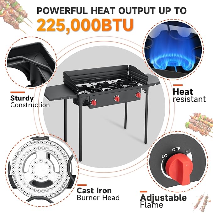3 Burner Propane Burner, 225,000 BTU High Pressure Propane Stove with Windscreen ＆ Side Shelves, Outdoor Propane Gas Stove with 0-20 PSI Regulator for Camping, Backyard, Outdoor Cooking