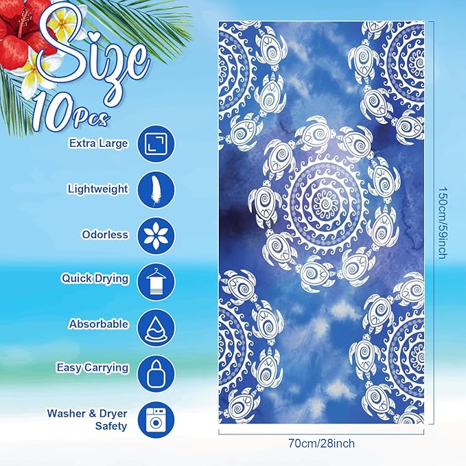 EBOOT 10 Pack Oversized Beach Towel Set Extra Large Pool Towels Microfiber Quick Dry Swim Blanket for Adult Women Men Face Hand Body Bath Travel Pool(Ocean Blue,28 x 59 Inch,Boho Ocean Style)
