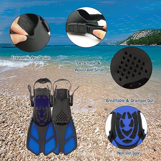 Kids Mask Fins Snorkel Set Snorkeling Packages, with Diving Mask, Snorkel, Adjustable Swim Fins, Mesh Bag, Anti-Fog Anti-Leak Snorkeling Gear for Kids for Snorkeling Swimming Diving