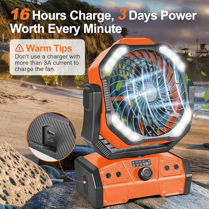 Odoland 40000mAh Camping Fan with LED Light, Battery Operated Oscillating Desk Fan with Remote & Hook, Rechargeable Outdoor Tent Fan with Timer for Hurricane Power Outage Travel Jobsite RV, Orange