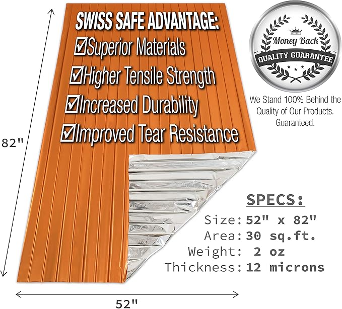 Swiss Safe 4 Pack Mylar Emergency Blankets for Survival - Compact & Insulated for Cold Weather - Designed for NASA, Outdoor, Running, Camping, Survival, First Aid Car Kit - Orange, 4 Pack