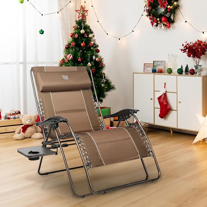 TIMBER RIDGE Oversized Zero Gravity Chair, 33In Wide XXL Zero Gravity Reclining Chair with Side Table, Full Padded Lounge Chair for Outdoor Camping Patio Lawn, Heavy Duty Supports 500lbs, Brown-2 Pack