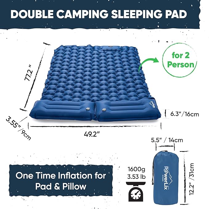 POWERLIX Double Sleeping Pad Camping Pads for 2 Person with Pillow, Built-in Foot Pump Inflatable Sleeping Mat for Backpacking, Hiking, Traveling, Outdoor, Portable Tent Camping Mattress