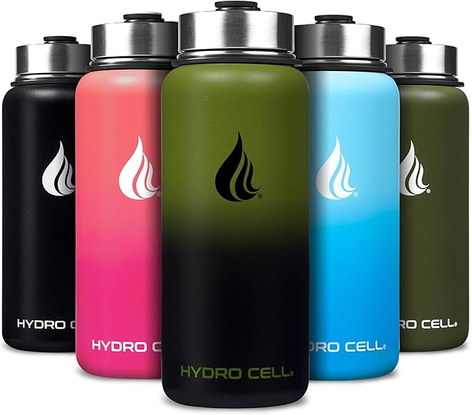 HYDRO CELL Stainless Steel Insulated Water Bottle with Straw - For Cold & Hot Drinks - Metal Vacuum Flask with Screw Cap and Modern Leakproof Sport Thermos for Adults (Army/Black 32oz)