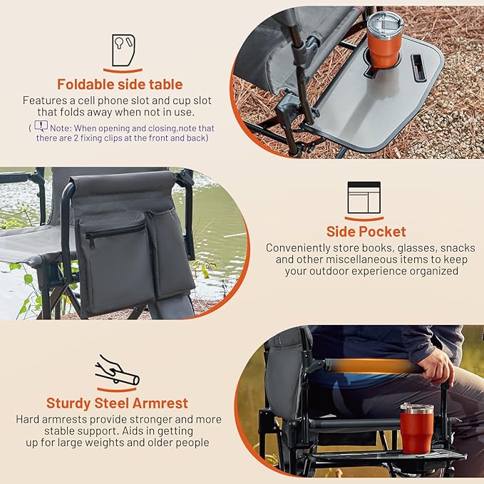 TIMBER RIDGE Heavy Duty Aluminium Heated Camping Chair with Compact Size, Portable Directors Chair Supports Up to 400lbs with Side Table and Pocket for Camping, Lawn, Sports (Power Bank not Included)