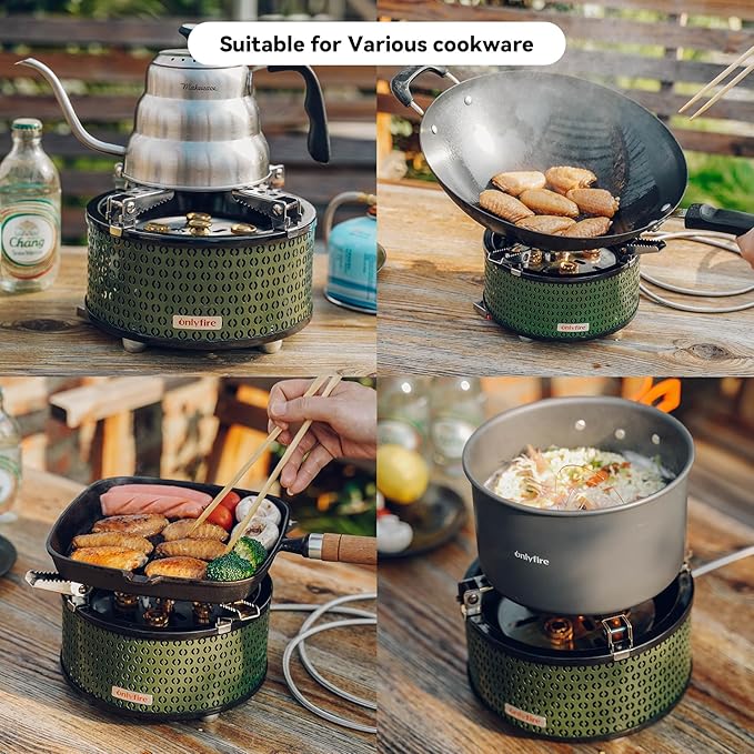 ONLYFIRE Portable Camping Gas Stove with Storage Bag & Foldable Brackets, 5 Burners Camp Stove 3 Fuels Adapters, Propane Stove for Outdoor Cooking Picnic Camping Backpacking Hiking, Green GS344