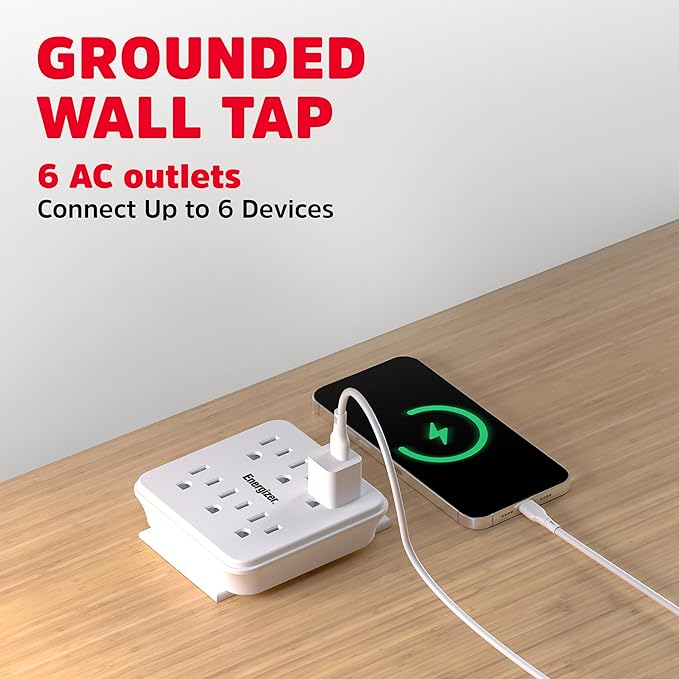 Energizer 2 Packs of 6 Device Multi Plug Wall Outlet Extender (6) AC Power Outlets Grounded Power Strip Expander Outlet Splitter Plug in Adapter