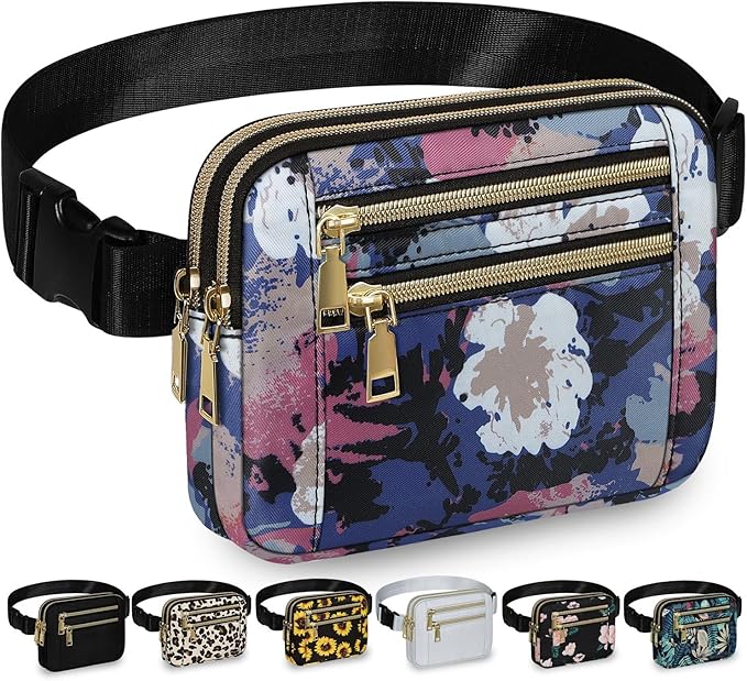 Capolo Fanny Packs for Women Fashion Waist Packs Bag with Adjustable Strap and 4 Zipper Pockets Waterproof Everywhere Crossbody Belt Bag for Workout Running Travelling(Watercolor Print)