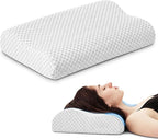 Travel Pillow Memory Foam Pillows, Ergonomic Wave Cervical Neck Pillow for Neck Pain Relief, Compressible Medium Firm Side Sleeper Pillow, Ideal for Camping, Office, Home & Bed (White, S)