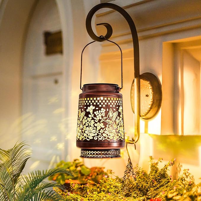 Outdoor Solar Lanterns Hummingbird Decor, Nelyeqwo Waterproof Hanging Solar Lights Gifts for Women Men Metal Lantern Decor for Garden Patio Lawn Porch Backyard Tabletop Pathway Landscape