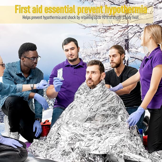 Kanayu 100 Pack Emergency Foil Thermal Blankets for Survival 82 x 63 Foil Space Blanket Kit for Outdoors Camping Hiking Homeless Survival or First Aid, 50 Pcs Golden 50 Pcs Silver