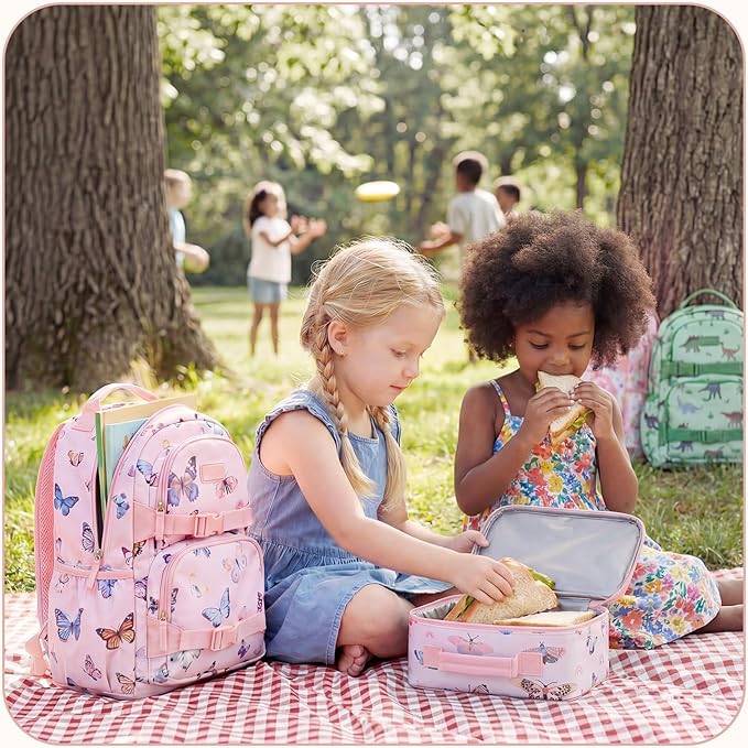 mommore Kids Backpack for Girls 4-8 with Lunch Box Elementary Kindergarten Preschool School Backpack 15'' Fit Folders Bottles, Pink Butterfly