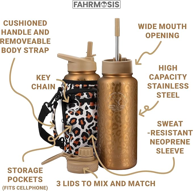 32 Oz Insulated Water Bottle with Strap Stainless Steel Sports Water Bottle with 3 Lids (Straw, Chug & Flip Lid) 1 Liter Leak Proof Insulated Metal Jug for Men & Women - Gold Leopard