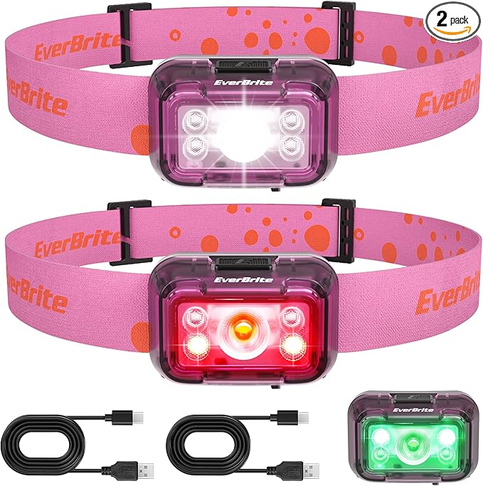 EverBrite Rechargeable Headlamp, 2 Pack Kids Headlamp with White/Red/Green Light and Memory Function, Head Lamp for Adult and Kid with 5 Modes, 120° Adjustable LED Headlamp for Camping, Running-Pink