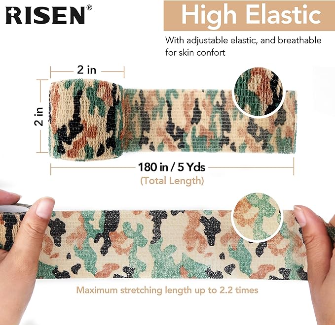 RISEN Cohesive Bandage 2” x 5 Yards, 6 Rolls, Self Adherent Wrap Medical Tape, Adhesive Flexible Breathable First Aid Gauze Ideal for Stretch Athletic
