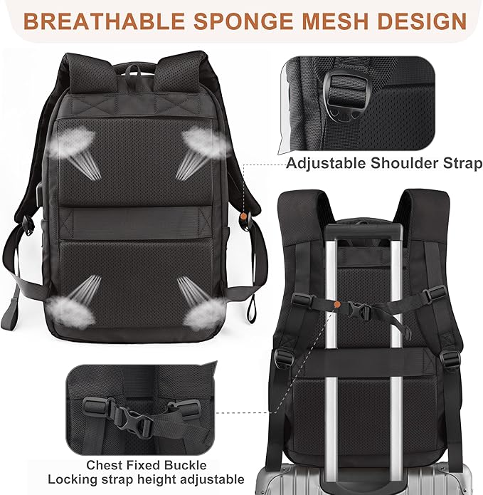 KEOFID Work Laptop Backpack for Men and Women, Mens Work Backpacks Fit 15.6 Inch Computer, Carry On Business Travel Back pack with USB Charging Port, Water Resistant(Black)