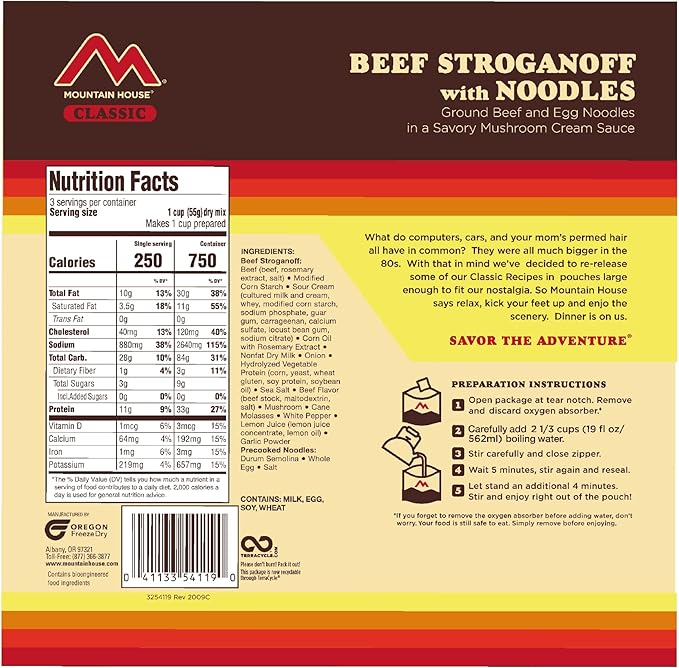 Mountain House Classic Beef Stroganoff with Noodles | Freeze Dried Backpacking & Camping Food | 3 Servings
