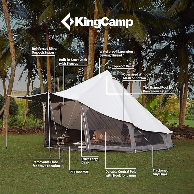 KingCamp Canvas Bell Yurt Tents, 4 Seasons Large Waterproof & Windproof Luxury Glamping Tent w/Stove Jack for Family Outdoor Camping, Hunting, Parties