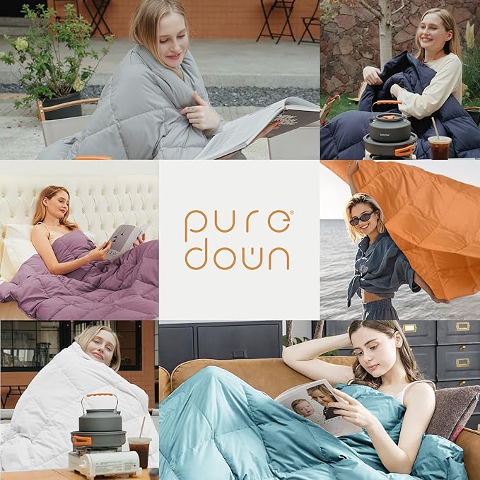 puredown® Soft Feather Down Throw Blanket Lightweight Packable Couch Throw for Indoor and Outdoor Use, 50"X70", Orange