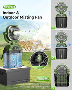 Misting fan with 7L bucket 90°Oscillating ,4 Spray Mister 25000mAh Rechargeable Camping fan with Remote Control Stepless Speed and Timer for Patios/Camping，Waterproof Design Outdoor Fans (Green)